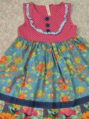 Girls Floral Patchwork Dress in Coral Pink and Teal Size 4 GUC.
